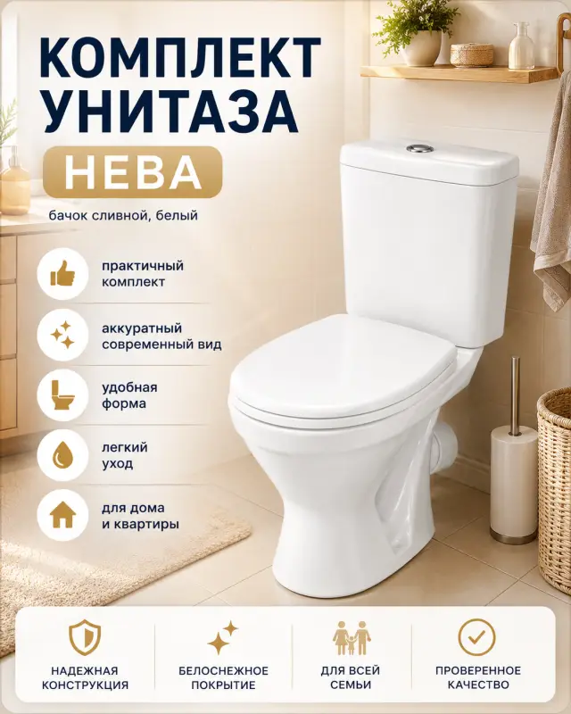 Унитаз, бачок сливной Нева комплект белый
