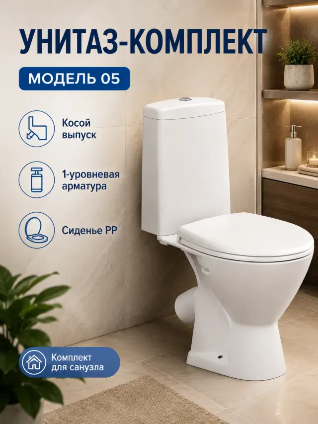 Унитаз-комплект Модель 05 косой выпуск 1-уровневая арматура сиденье РР