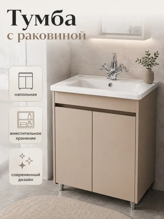 Тумба Mars 60 напольная, 2 дверки, капучино дерево + раковина ORBITA 1170-60
