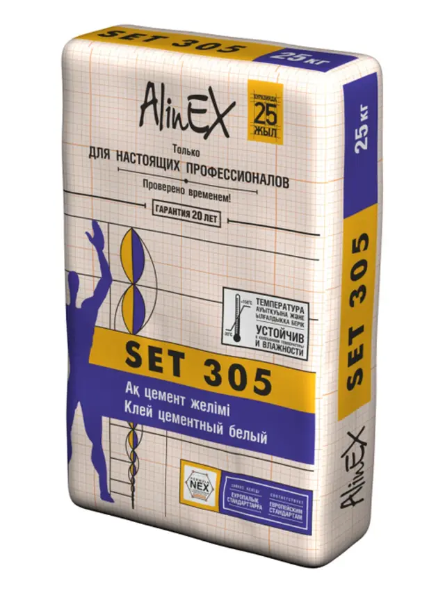 Клей Alinex SET 305, 25 кг (для плитки, стены, пол, бассейны, белый)