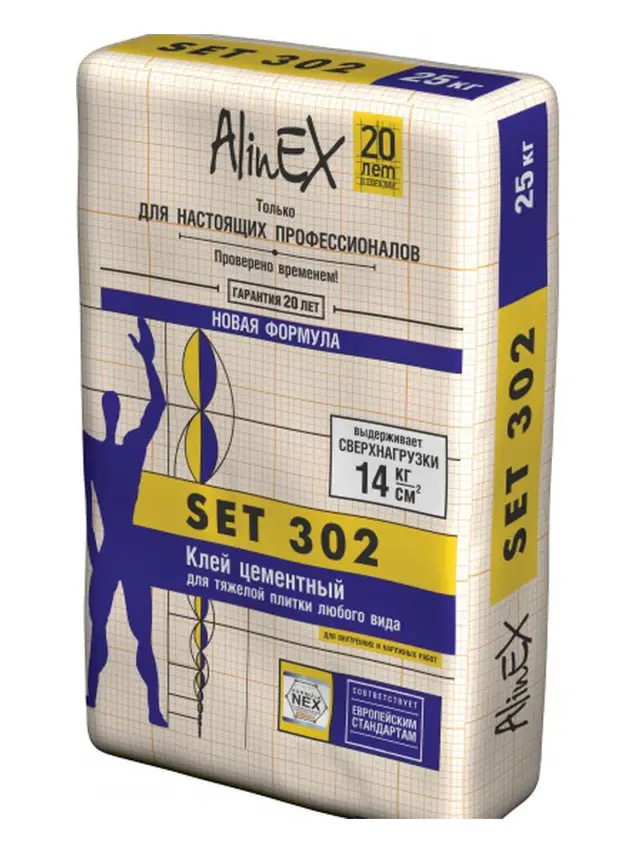 Клей Alinex SET 302, 25 кг (для плитки, стены, пол, бассейны, серый)
