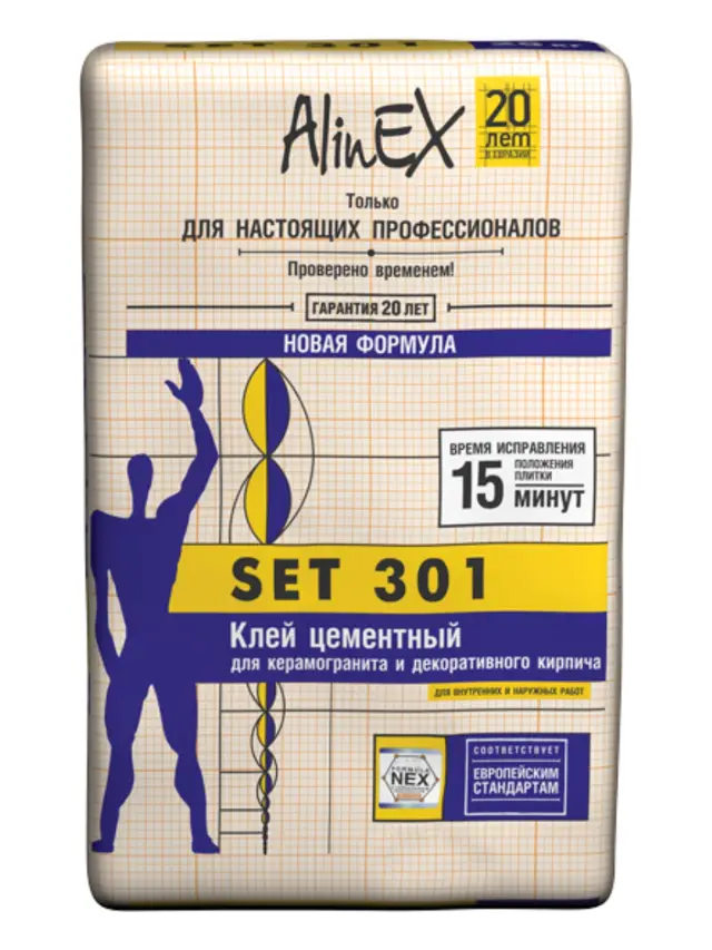 Клей Alinex SET 301, 25 кг (для плитки, стены, пол, серый)