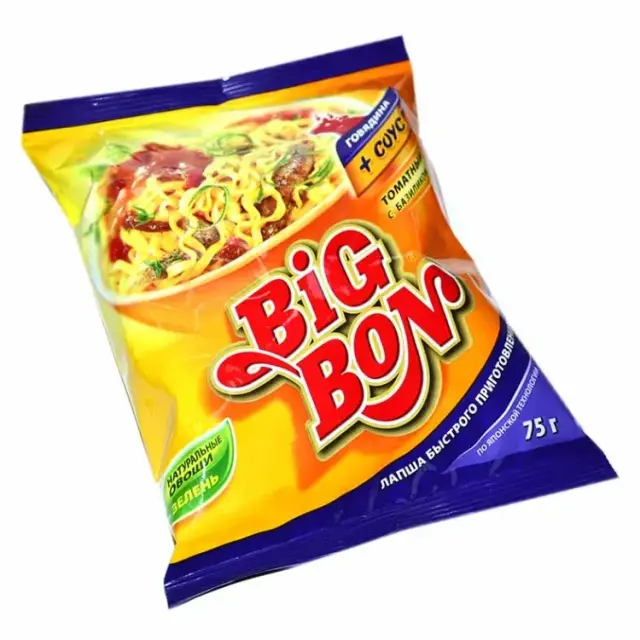 Лапша BigBon говядина+соус томатный с базиликом халал 75 гр.
